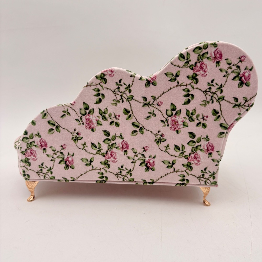 Pink Floral Rose Chaise Lounge Jewelry Box Miniature Sofa Mirror Ring Storage - Picture 5 of 10